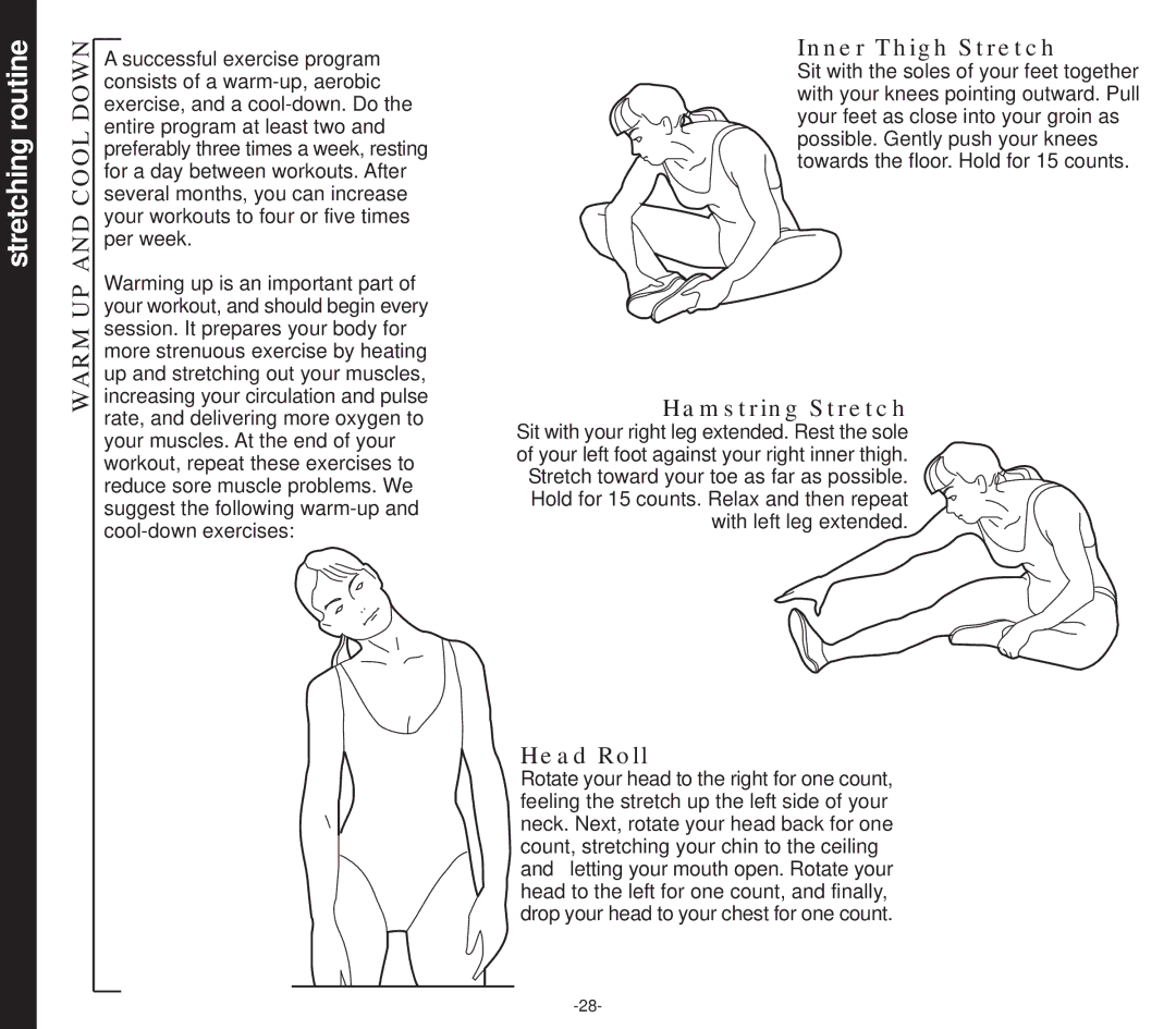 Evo Fitness 50551 owner manual Stretching routine, Cool Down, Warm UP 