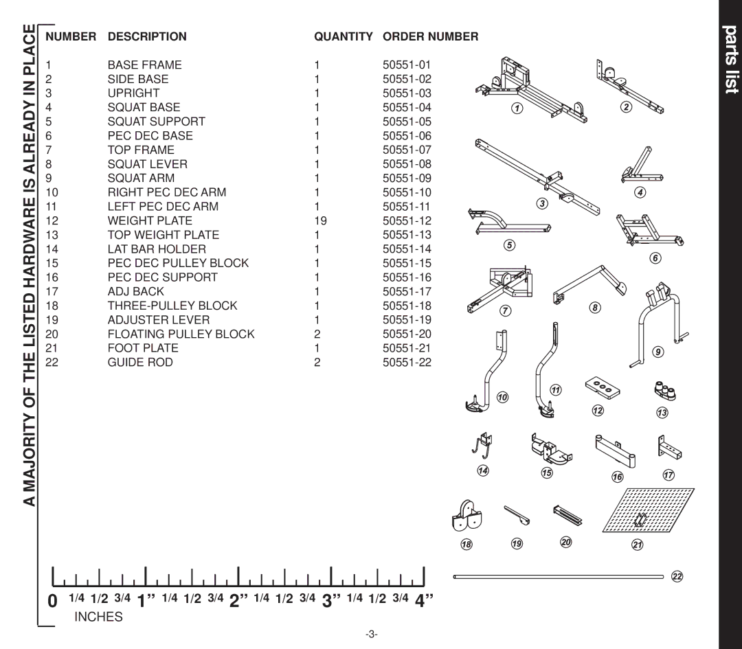 Evo Fitness 50551 owner manual Parts list, Majority of the Listed Hardware is Already in Place 