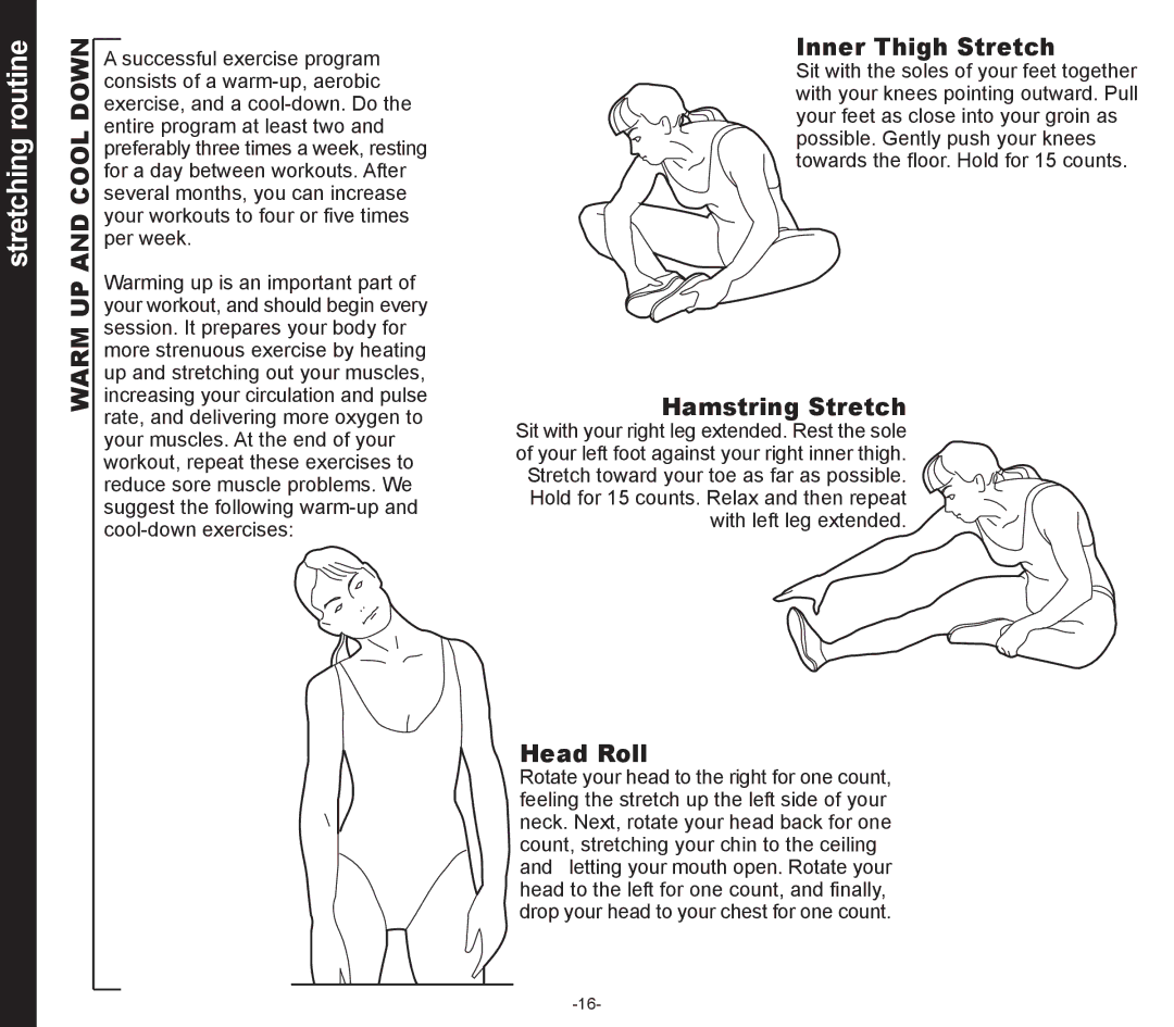 Evo Fitness 50553 owner manual Stretching routine, Cool Down, Warm UP 