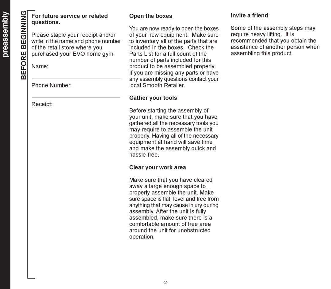 Evo Fitness 50553 owner manual Preassembly, Before Beginning 