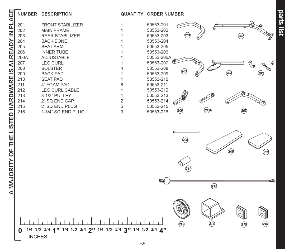 Evo Fitness 50553 Majority of the Listed Hardware is Already in Place, Number Description Quantity Order Number 