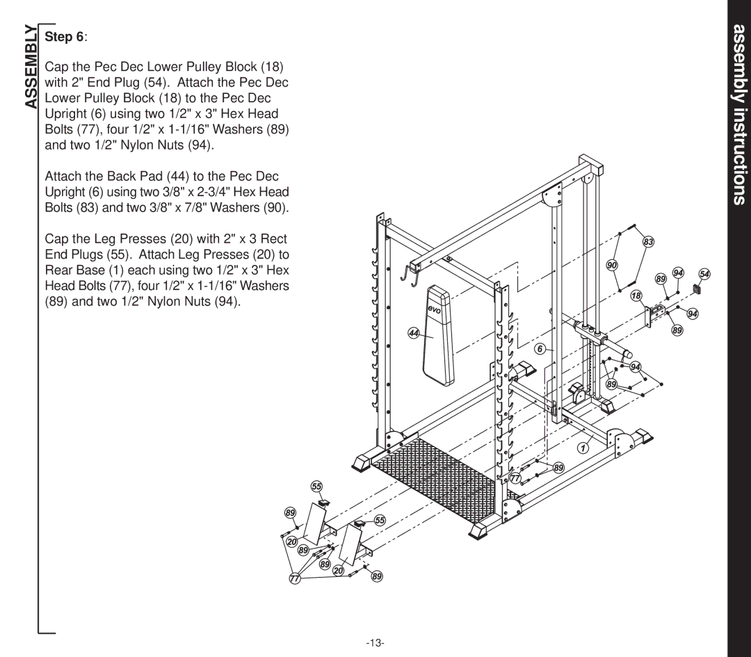 Evo Fitness 51551 owner manual Assembly instructions 