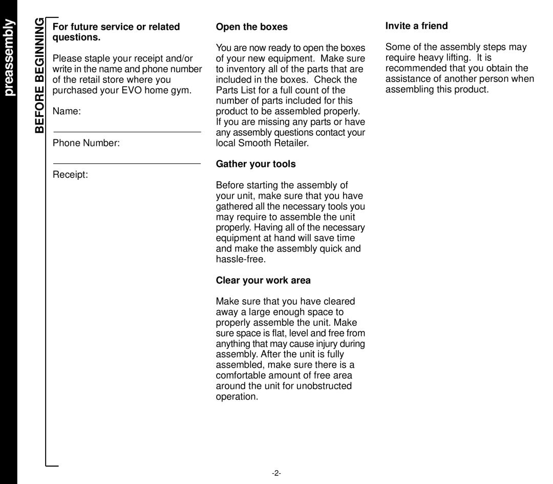 Evo Fitness 51551 owner manual Preassembly, Before Beginning 