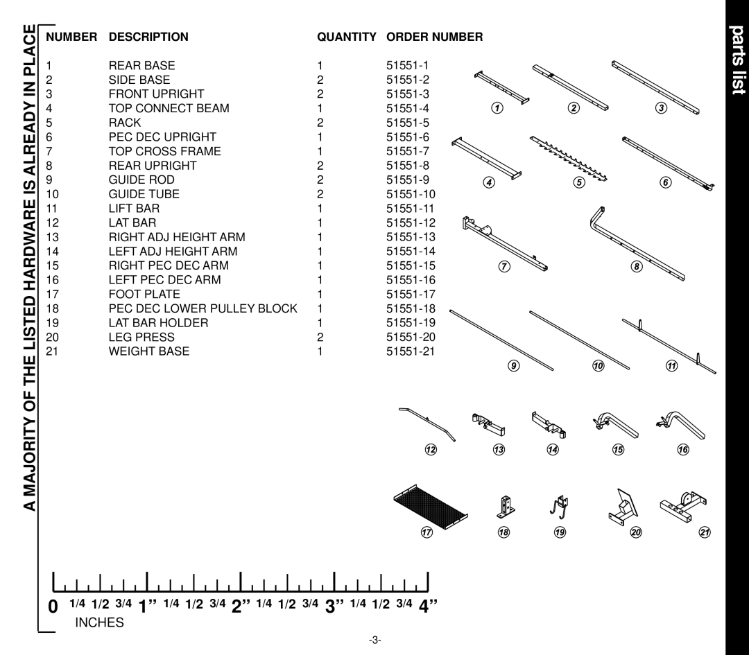 Evo Fitness 51551 owner manual Parts list, Majority of the Listed Hardware is Already in Place 