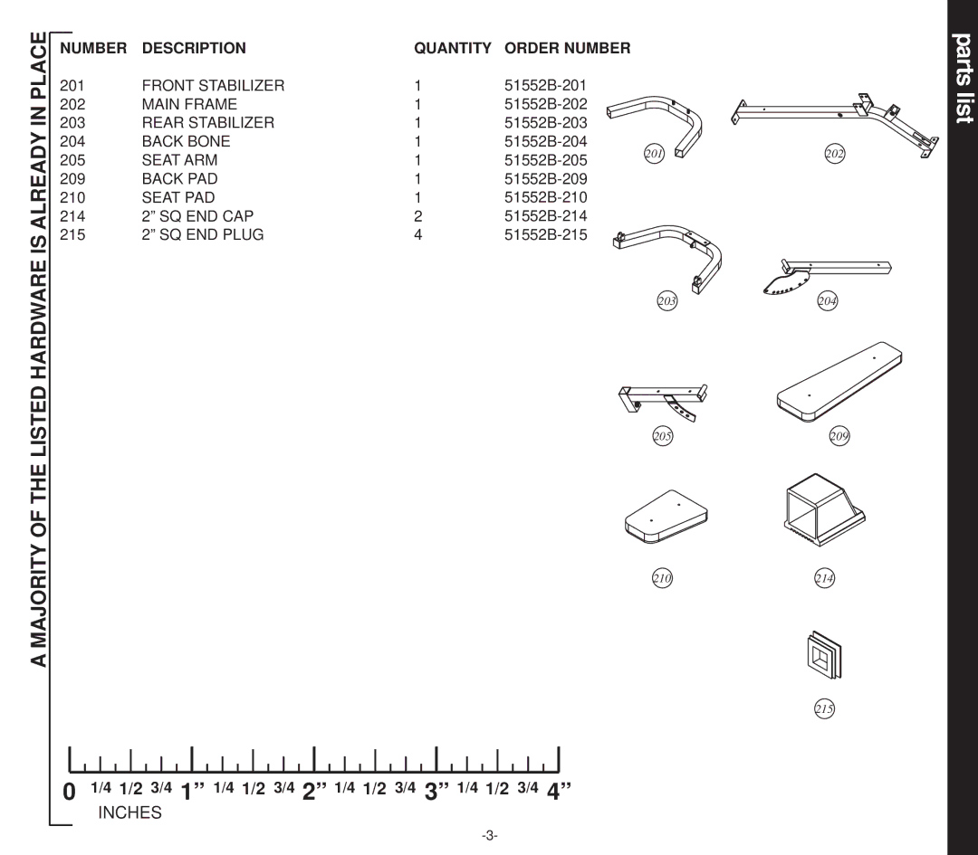 Evo Fitness 51552B owner manual Parts list, Majority of the Listed Hardware is Already in Place 