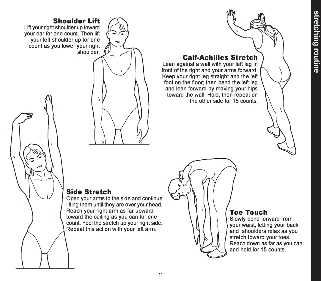 Evo Fitness 53551 owner manual Shoulder Lift, Calf-Achilles Stretch, Side Stretch, Toe Touch, stretching routine 