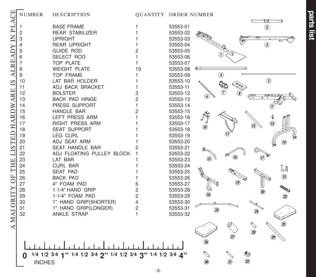 Evo Fitness 53553 owner manual Parts list, Majority of the Listed Hardware is Already in Place 