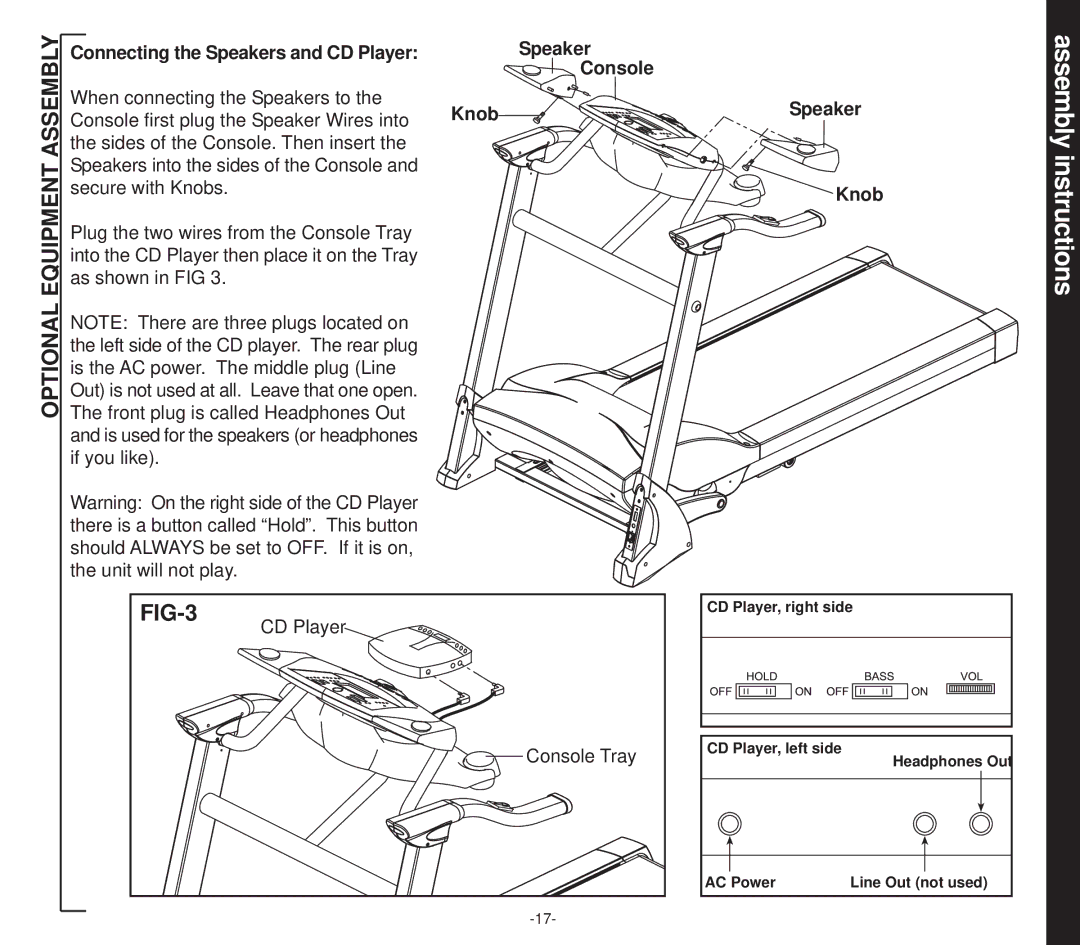 Evo Fitness EVO 1CD Optional Equipment Assembly, FIG-3, Connecting the Speakers and CD Player, Speaker Console Knob 