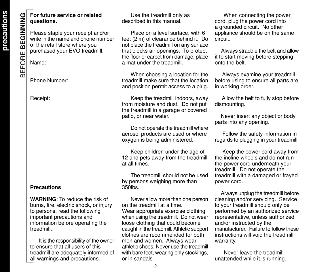 Evo Fitness EVO 1CD owner manual Precautions, Before Beginning, For future service or related questions 