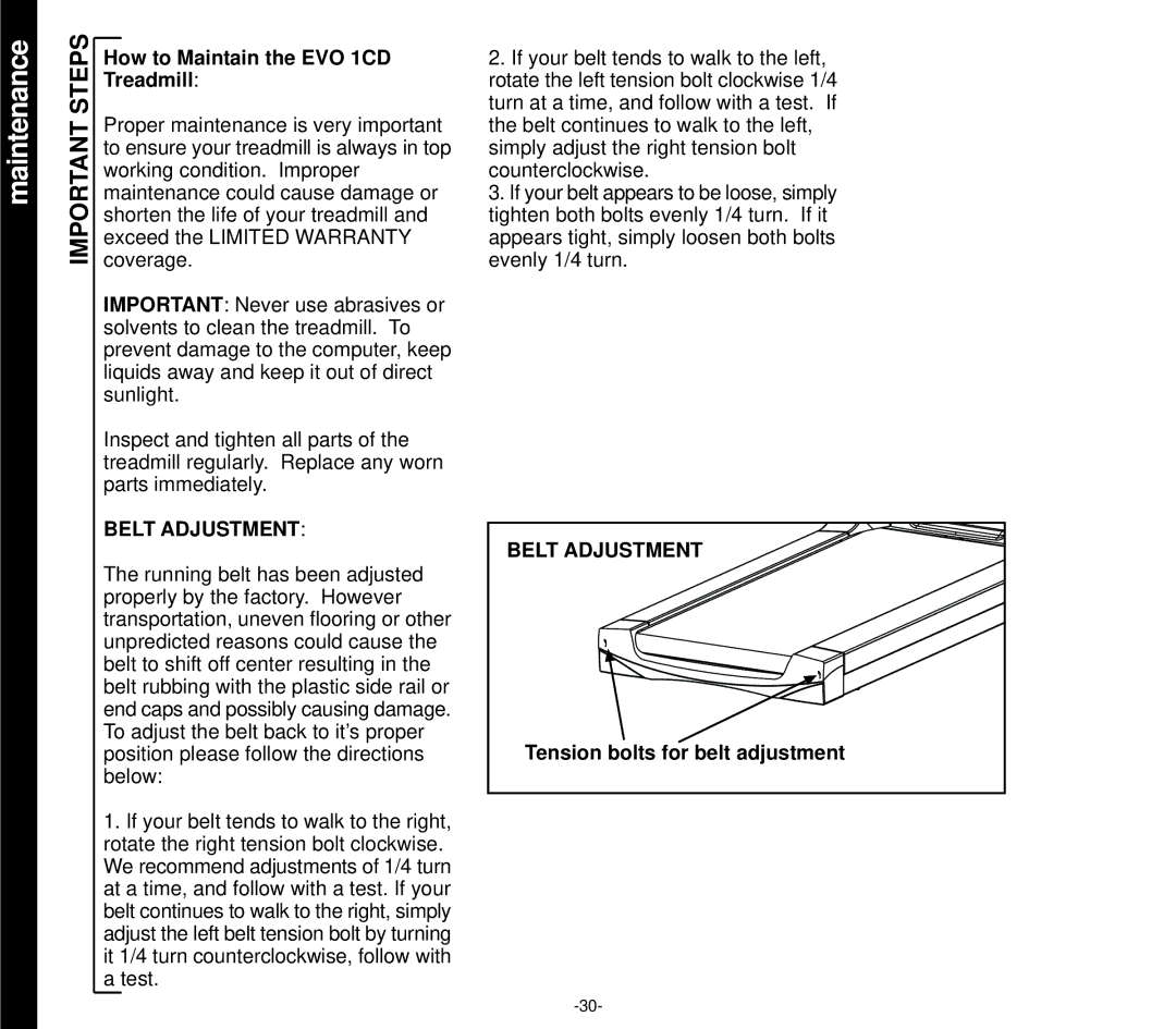 Evo Fitness owner manual Maintenance, Important Steps, How to Maintain the EVO 1CD Treadmill, Belt Adjustment 