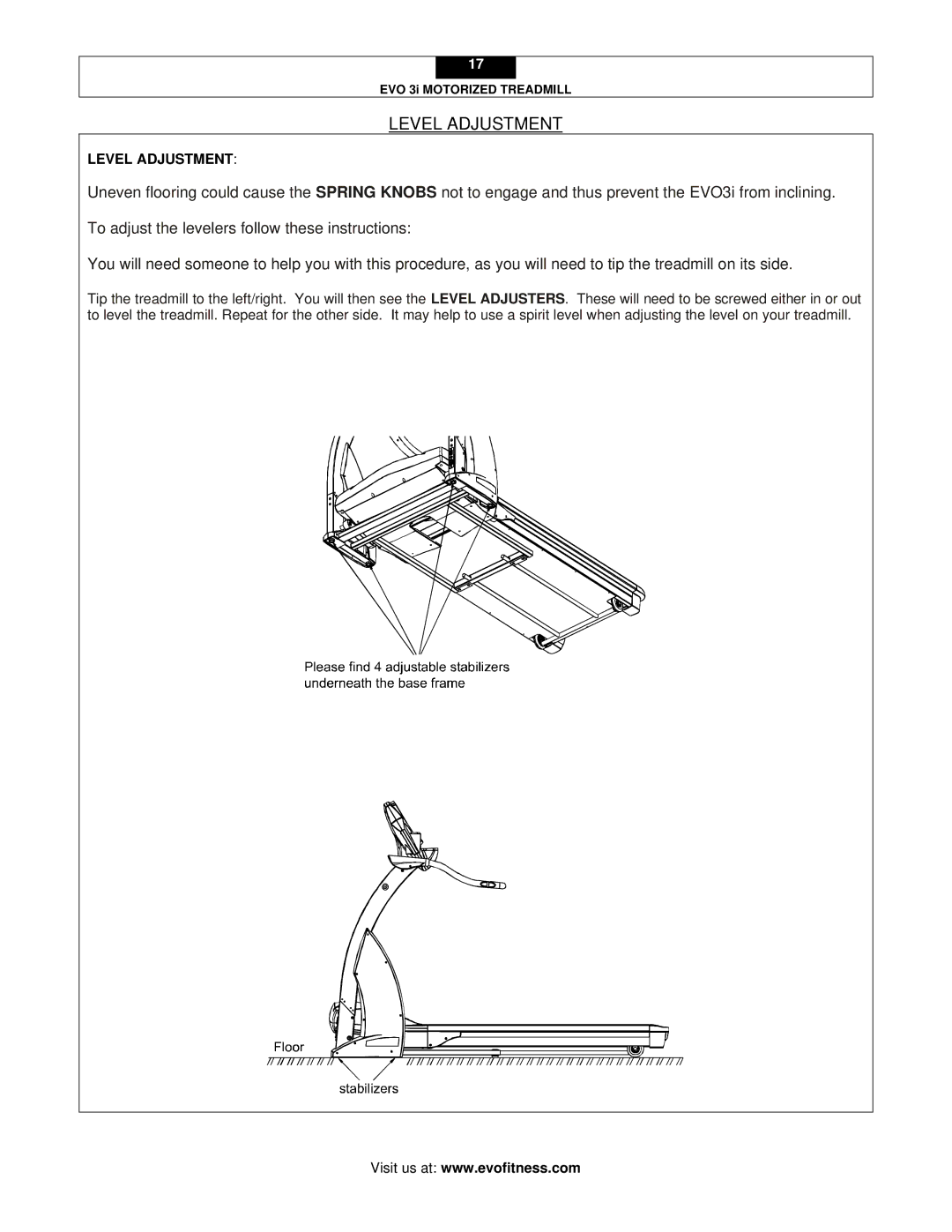 Evo Fitness EVO 3I user manual Level Adjustment 