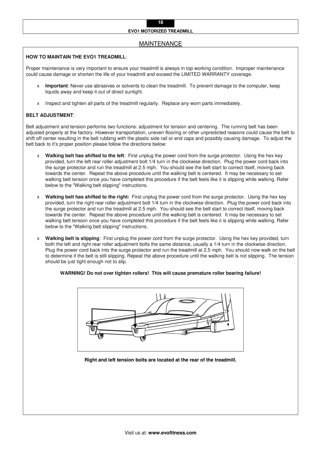 Evo Fitness user manual Maintenance, HOW to Maintain the EVO1 Treadmill 