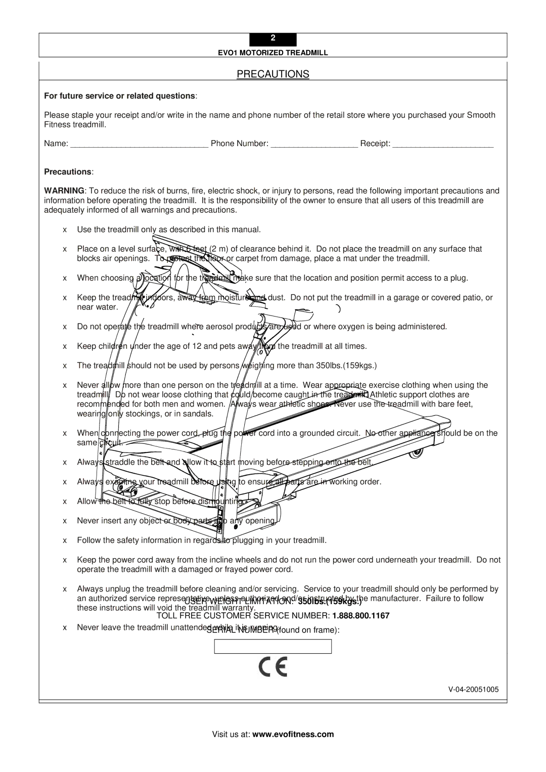 Evo Fitness EVO1 user manual Precautions, For future service or related questions 