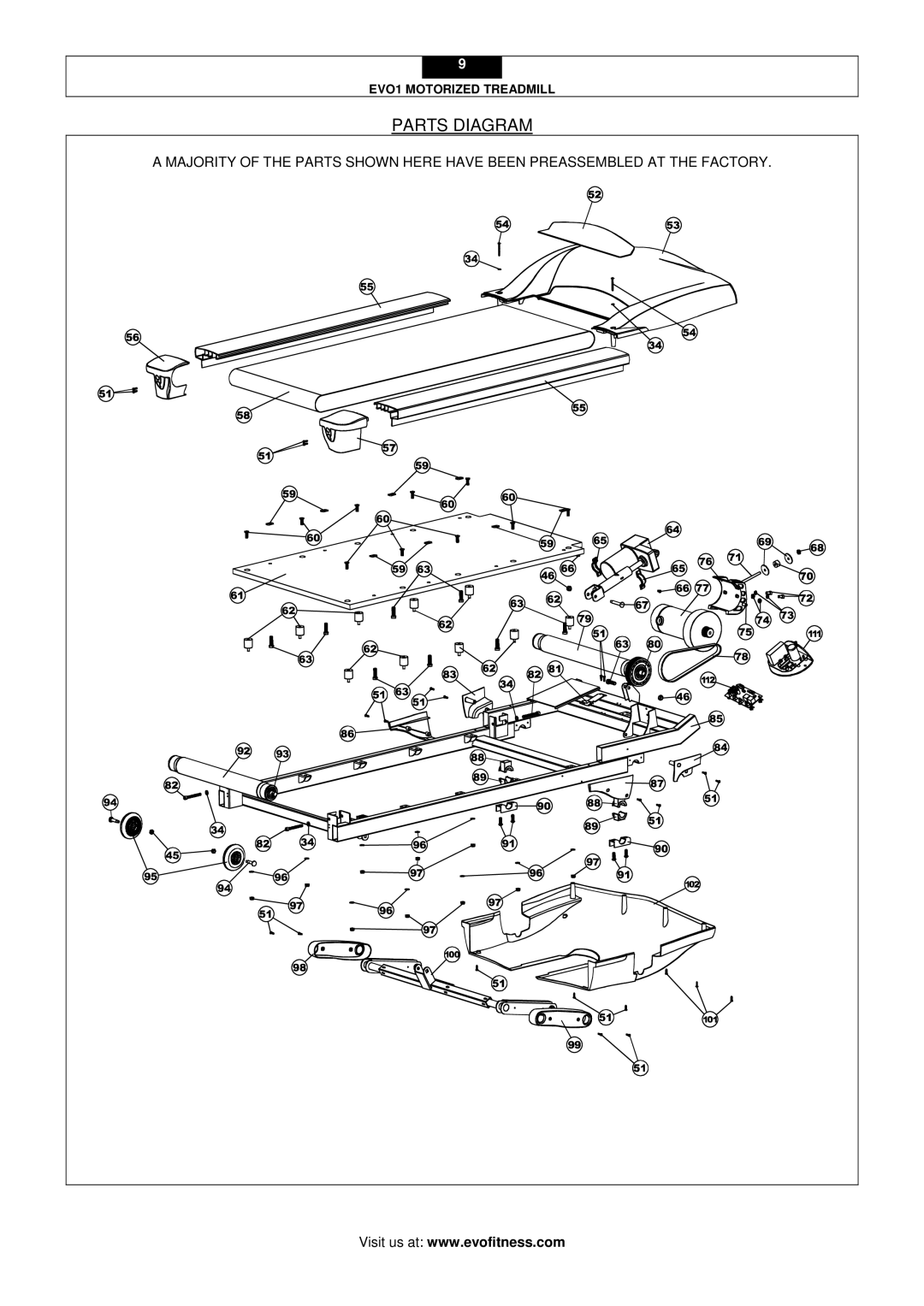 Evo Fitness EVO1 user manual Parts Diagram 