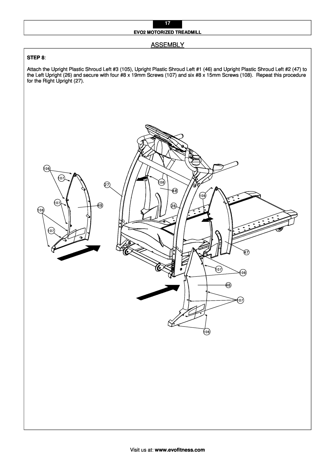 Evo Fitness user manual Assembly, EVO2 MOTORIZED TREADMILL, 108 107 107, 107 108 