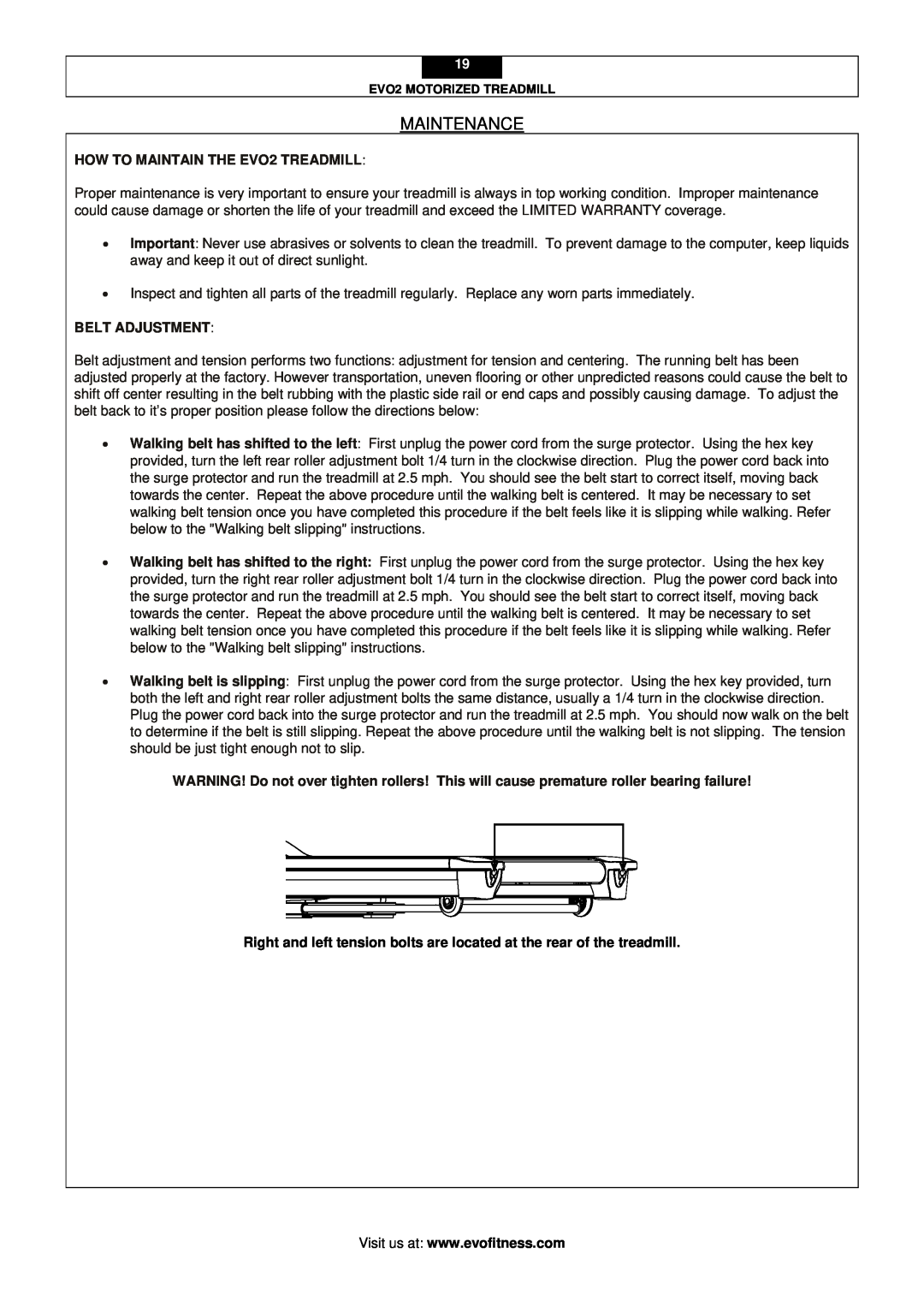 Evo Fitness user manual Maintenance, HOW TO MAINTAIN THE EVO2 TREADMILL, Belt Adjustment 