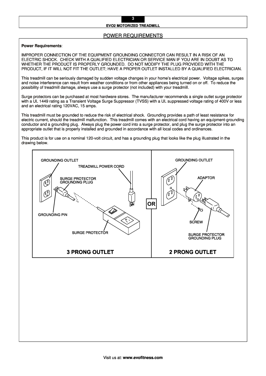 Evo Fitness EVO2 user manual Power Requirements 