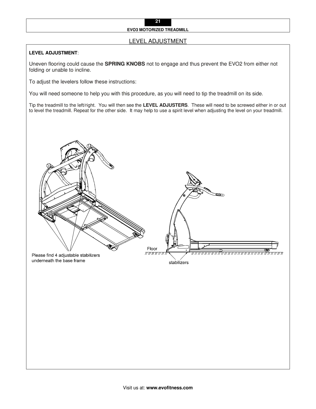 Evo Fitness EVO3 user manual Level Adjustment 