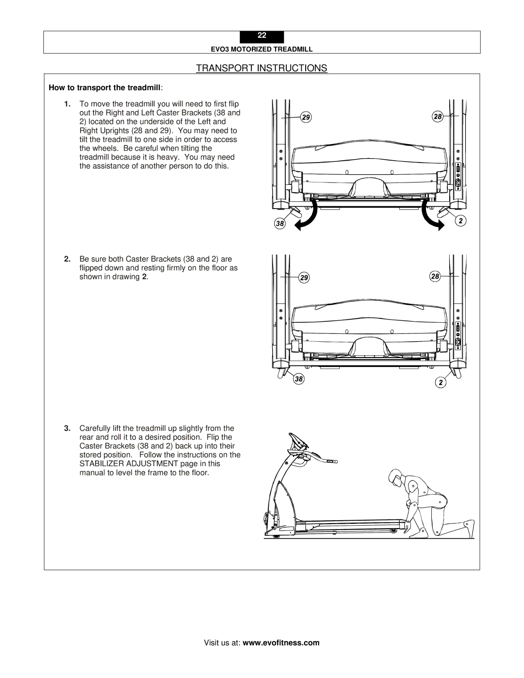 Evo Fitness EVO3 user manual Transport Instructions, How to transport the treadmill 