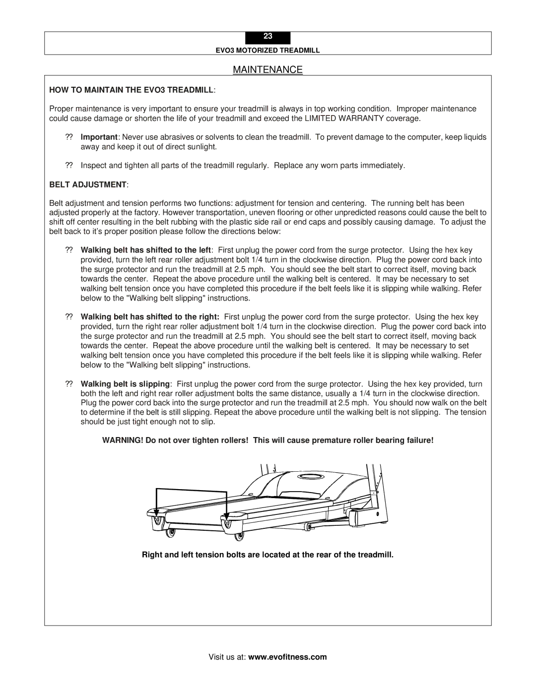 Evo Fitness user manual Maintenance, HOW to Maintain the EVO3 Treadmill 