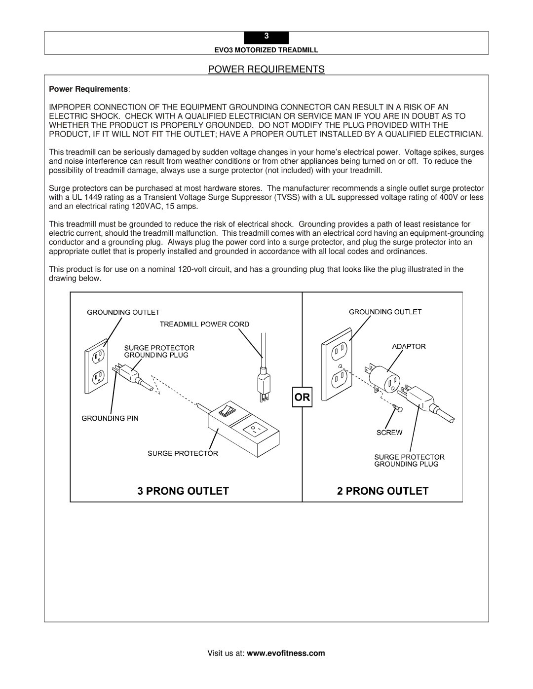 Evo Fitness EVO3 user manual Power Requirements 