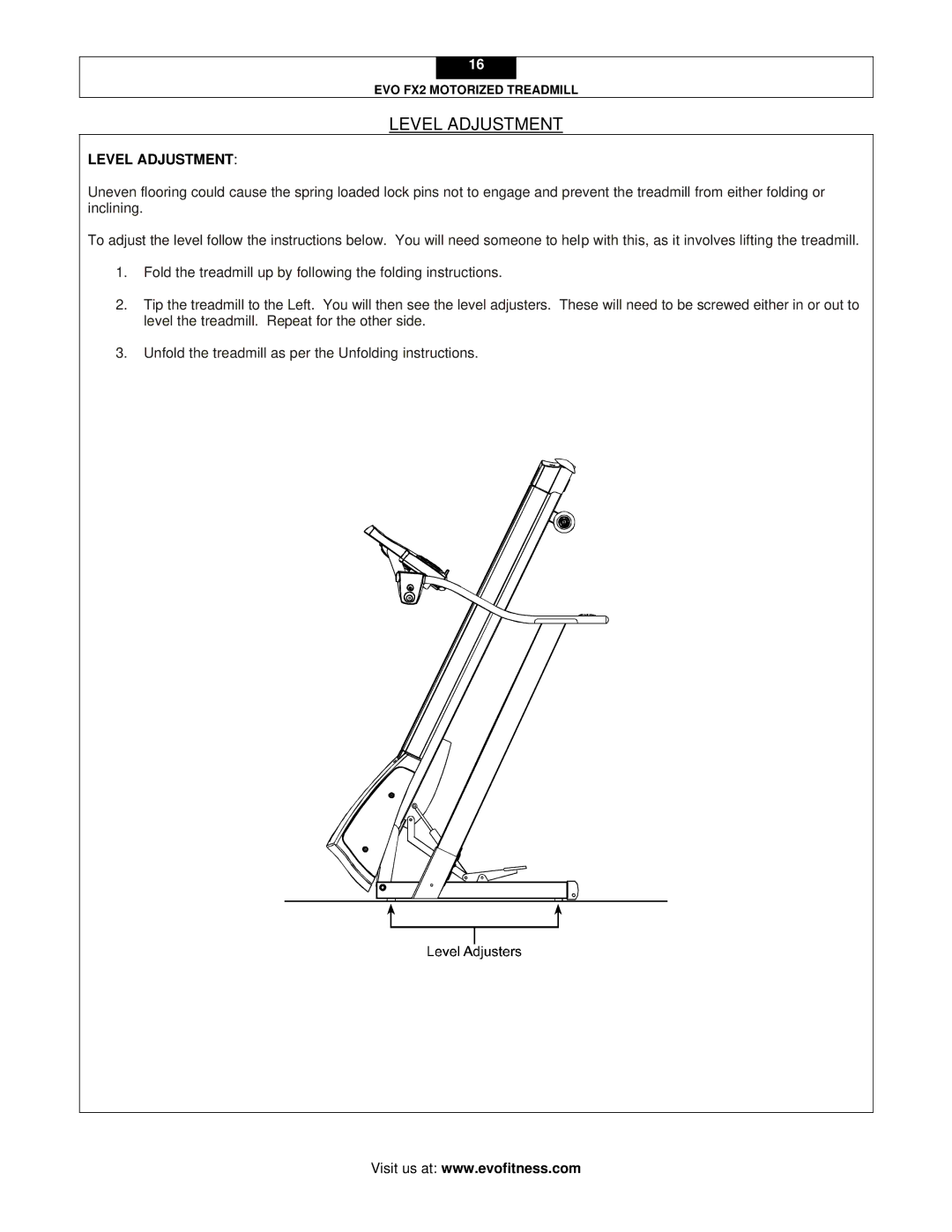 Evo Fitness FX2 user manual Level Adjustment 