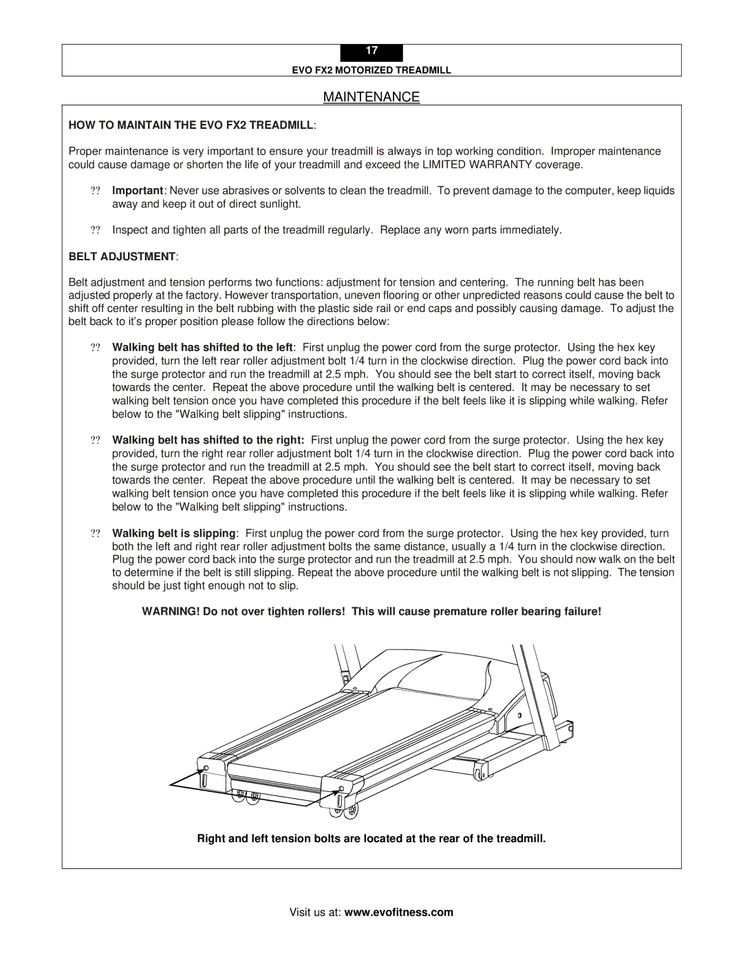 Evo Fitness user manual Maintenance, HOW to Maintain the EVO FX2 Treadmill 