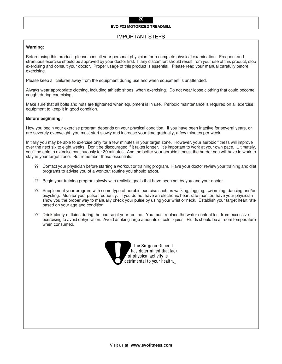 Evo Fitness FX2 user manual Important Steps, Before beginning 