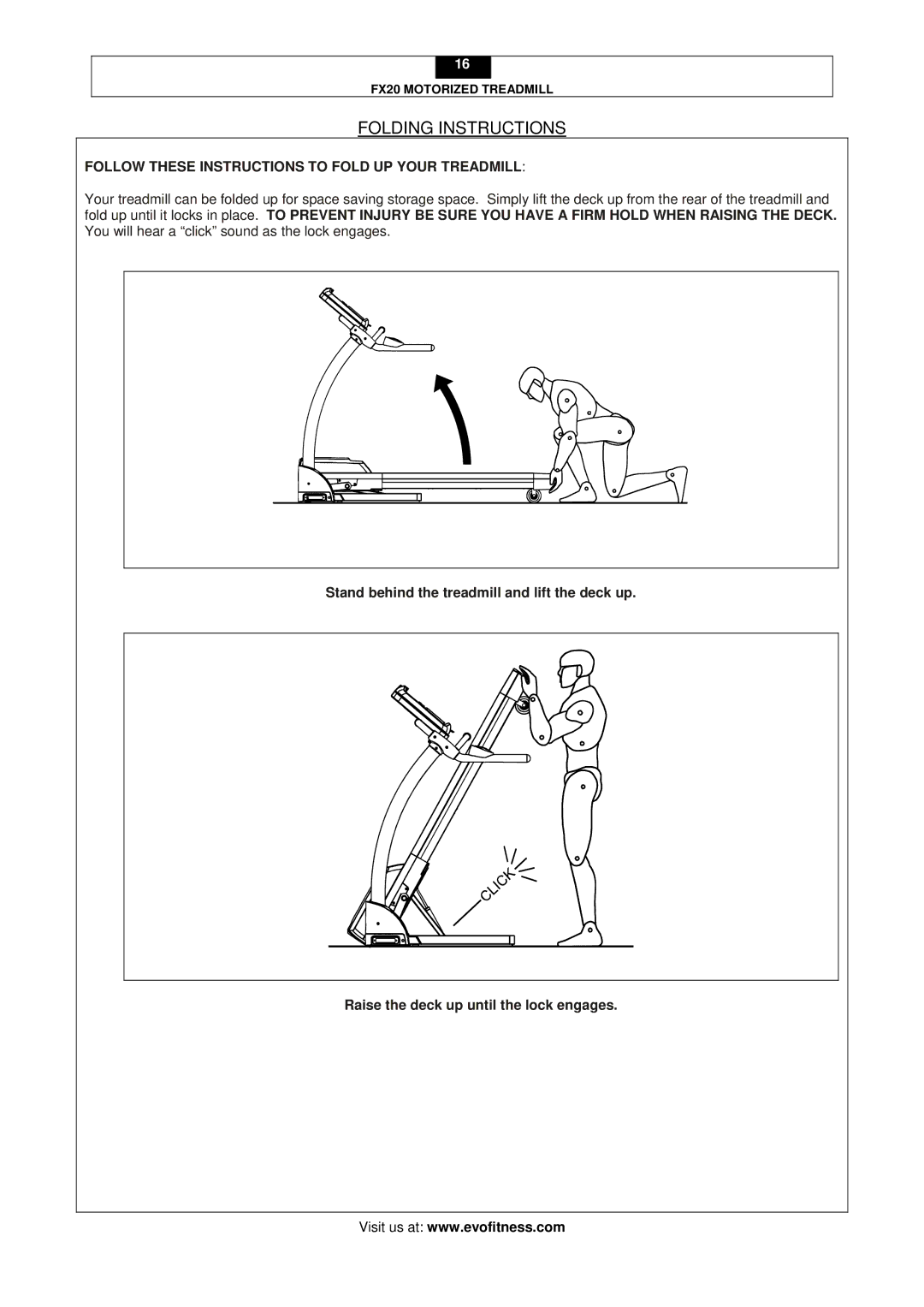 Evo Fitness FX20 user manual Folding Instructions, Follow These Instructions to Fold UP Your Treadmill 