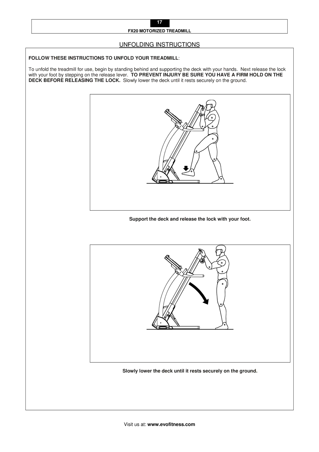 Evo Fitness FX20 user manual Unfolding Instructions, Follow These Instructions to Unfold Your Treadmill 