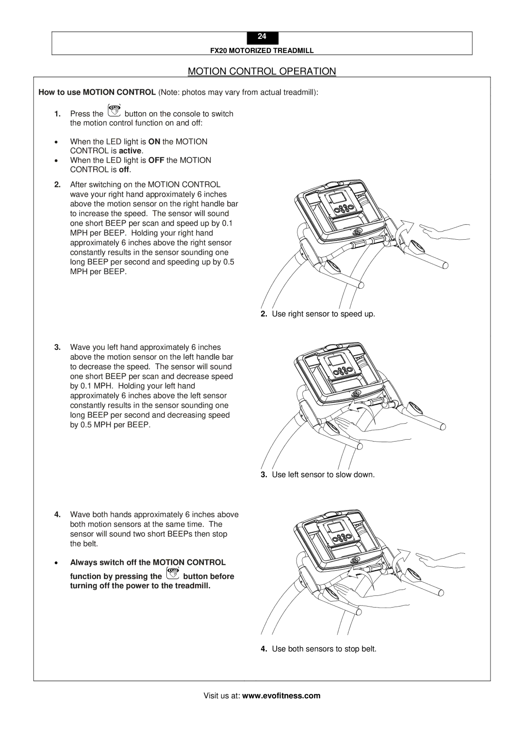 Evo Fitness FX20 user manual Motion Control Operation 