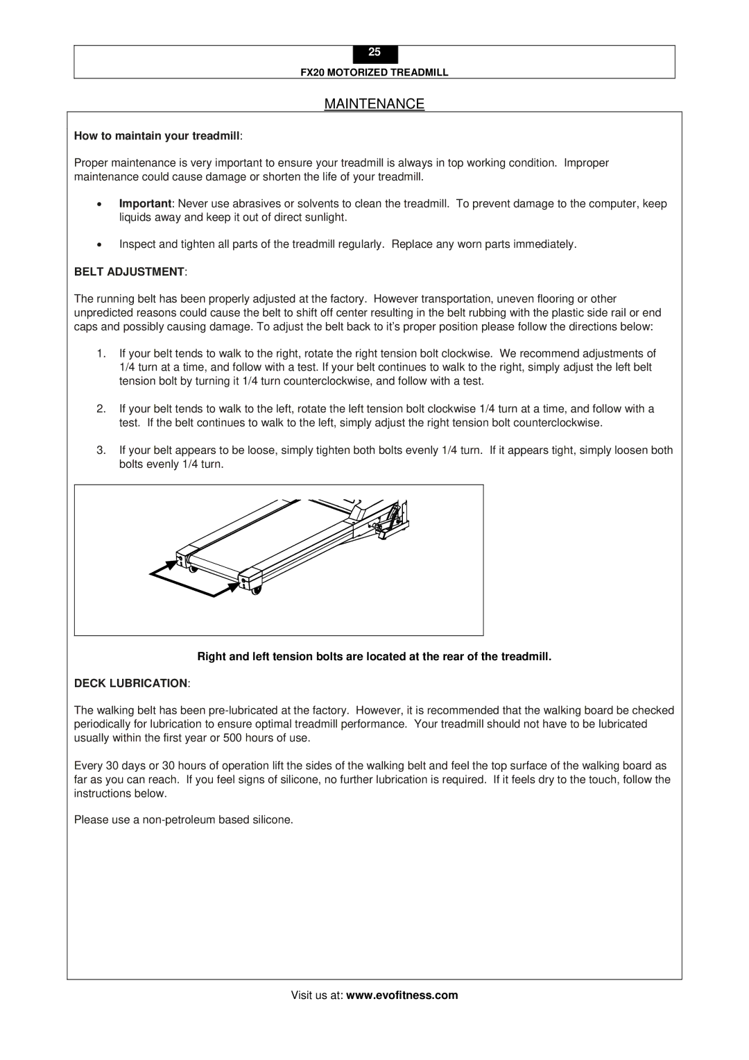 Evo Fitness FX20 user manual Maintenance, How to maintain your treadmill 