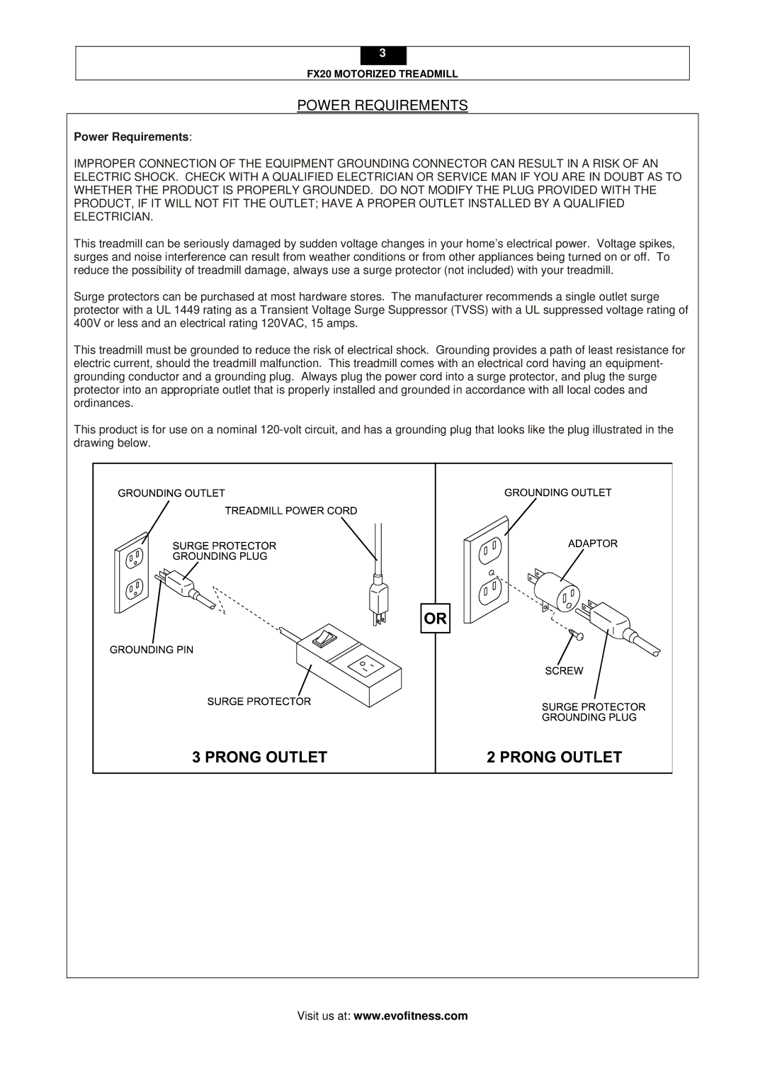 Evo Fitness FX20 user manual Power Requirements 