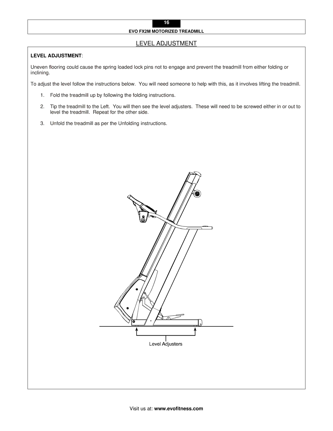 Evo Fitness FX2M user manual Level Adjustment 