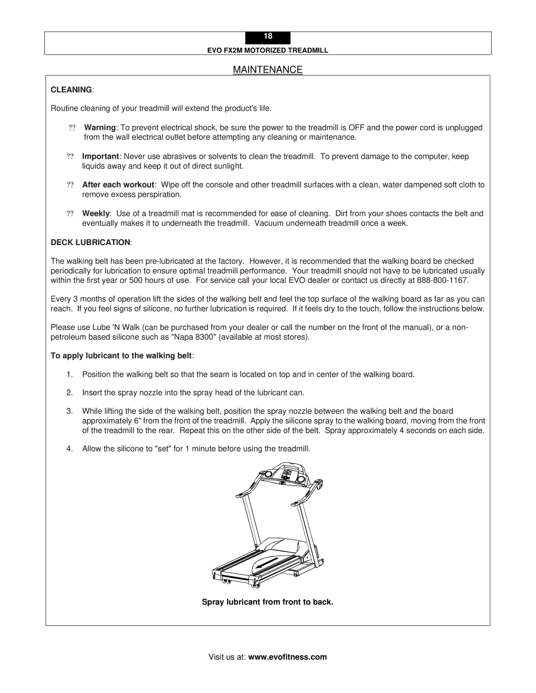 Evo Fitness FX2M user manual Cleaning, To apply lubricant to the walking belt 