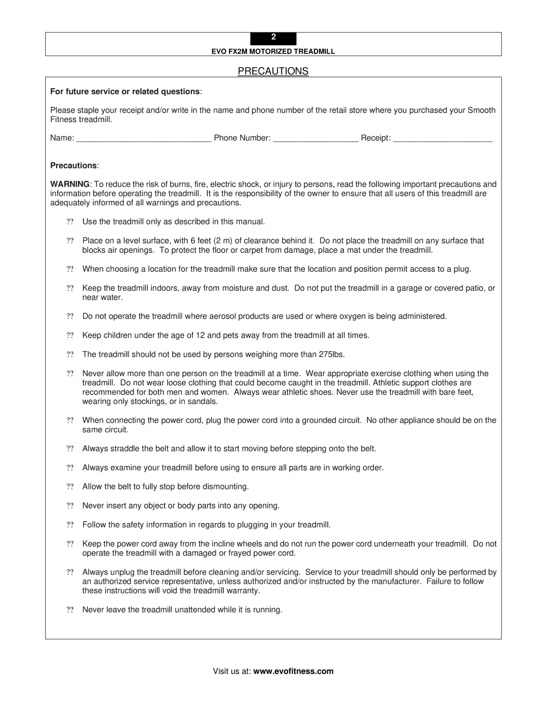 Evo Fitness FX2M user manual Precautions, For future service or related questions 