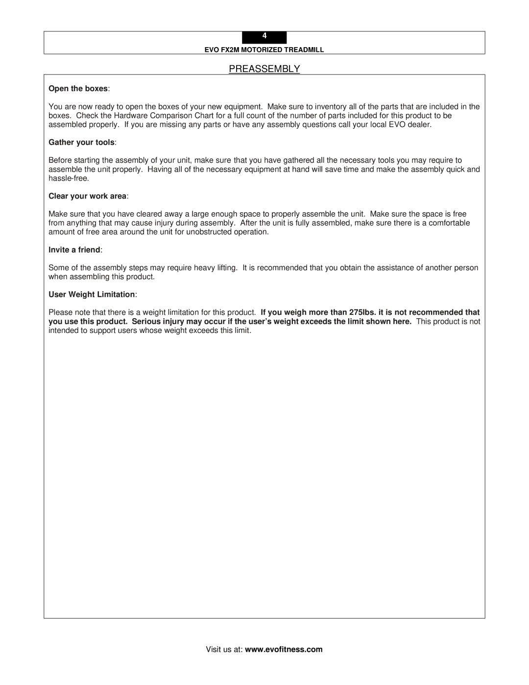 Evo Fitness FX2M user manual Preassembly 