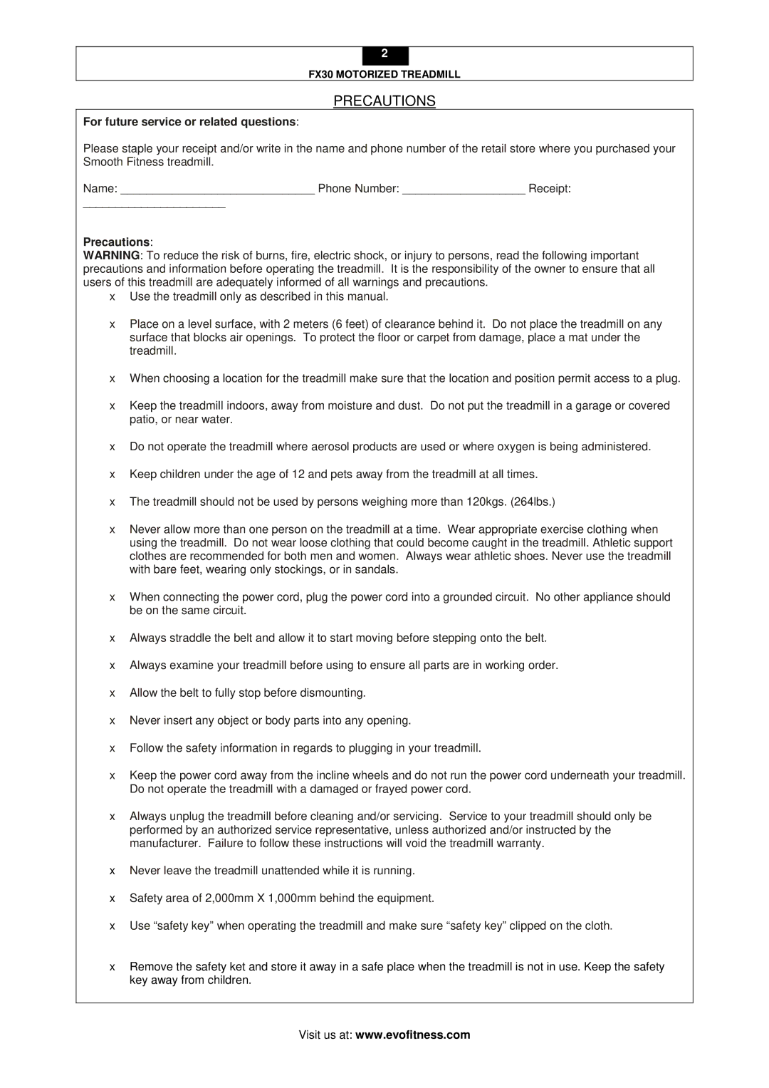 Evo Fitness FX30 user manual Precautions, For future service or related questions 