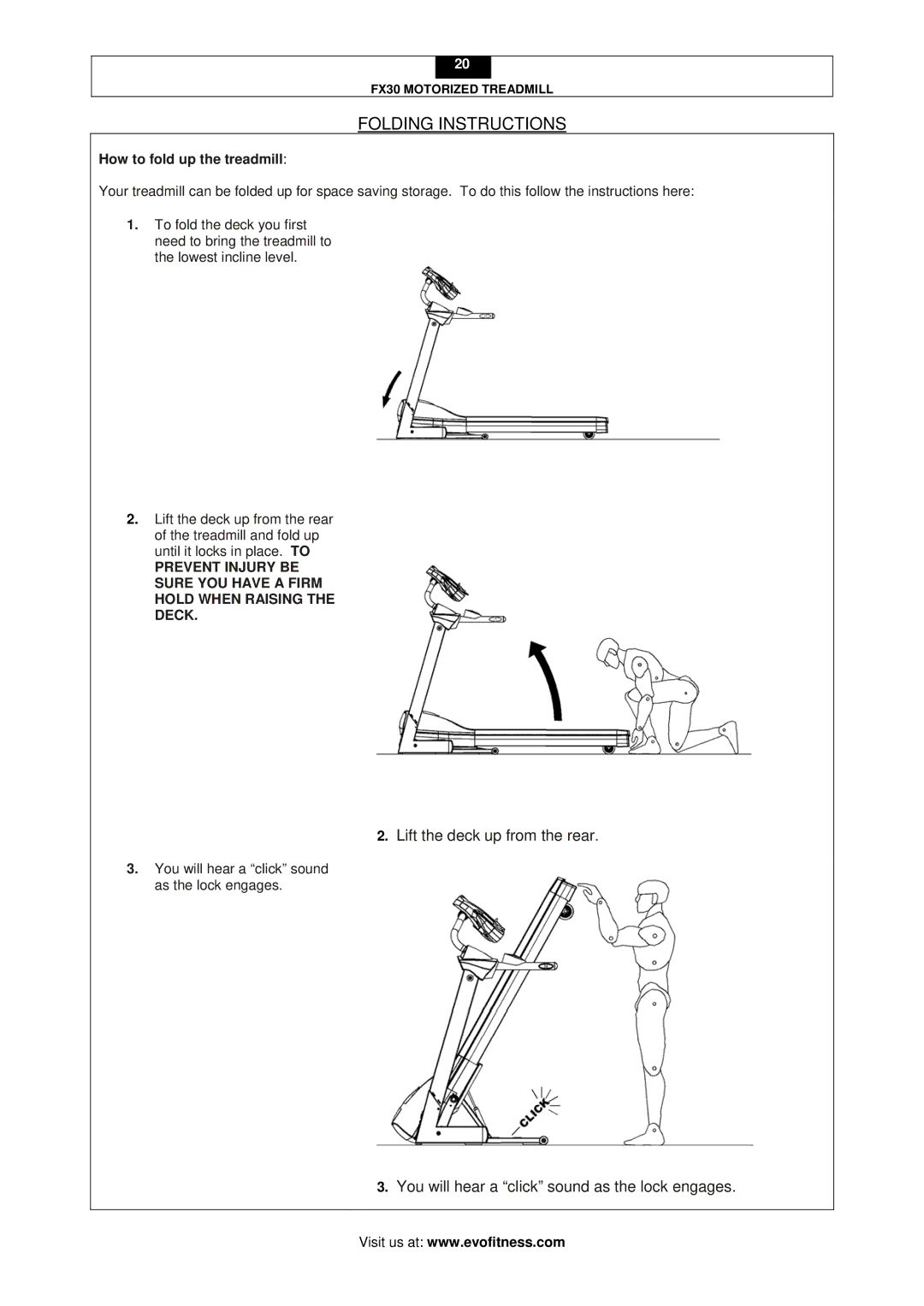 Evo Fitness FX30 user manual Folding Instructions, How to fold up the treadmill 