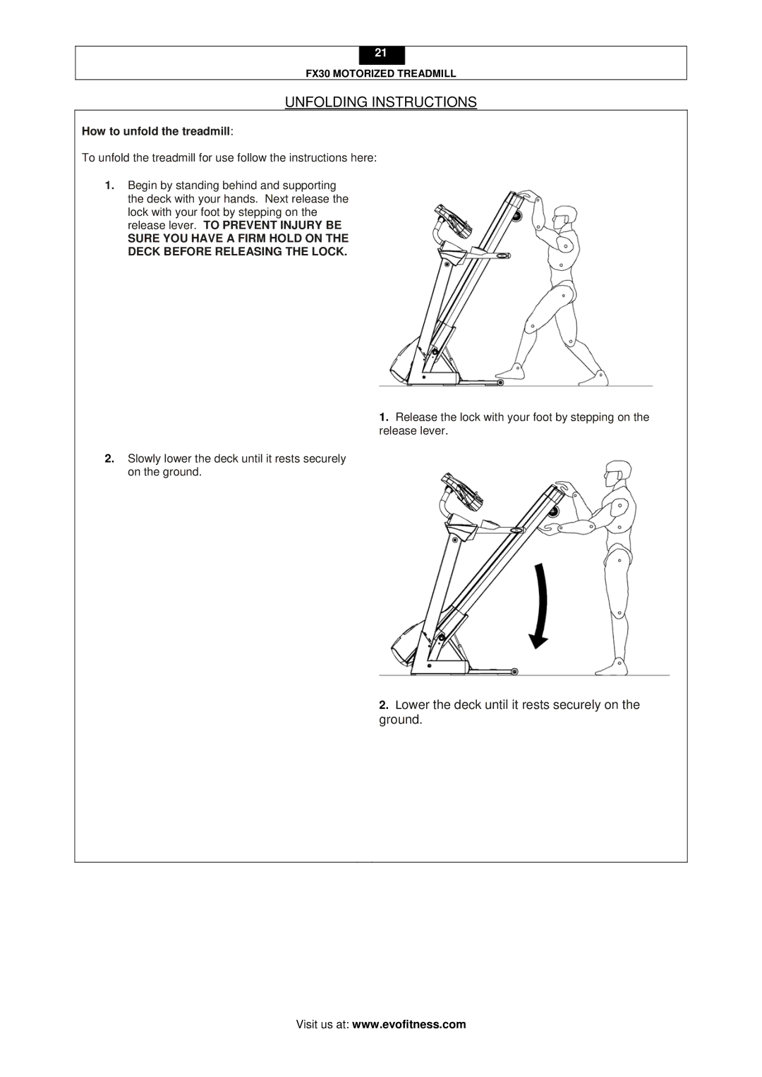 Evo Fitness FX30 user manual Unfolding Instructions, How to unfold the treadmill 