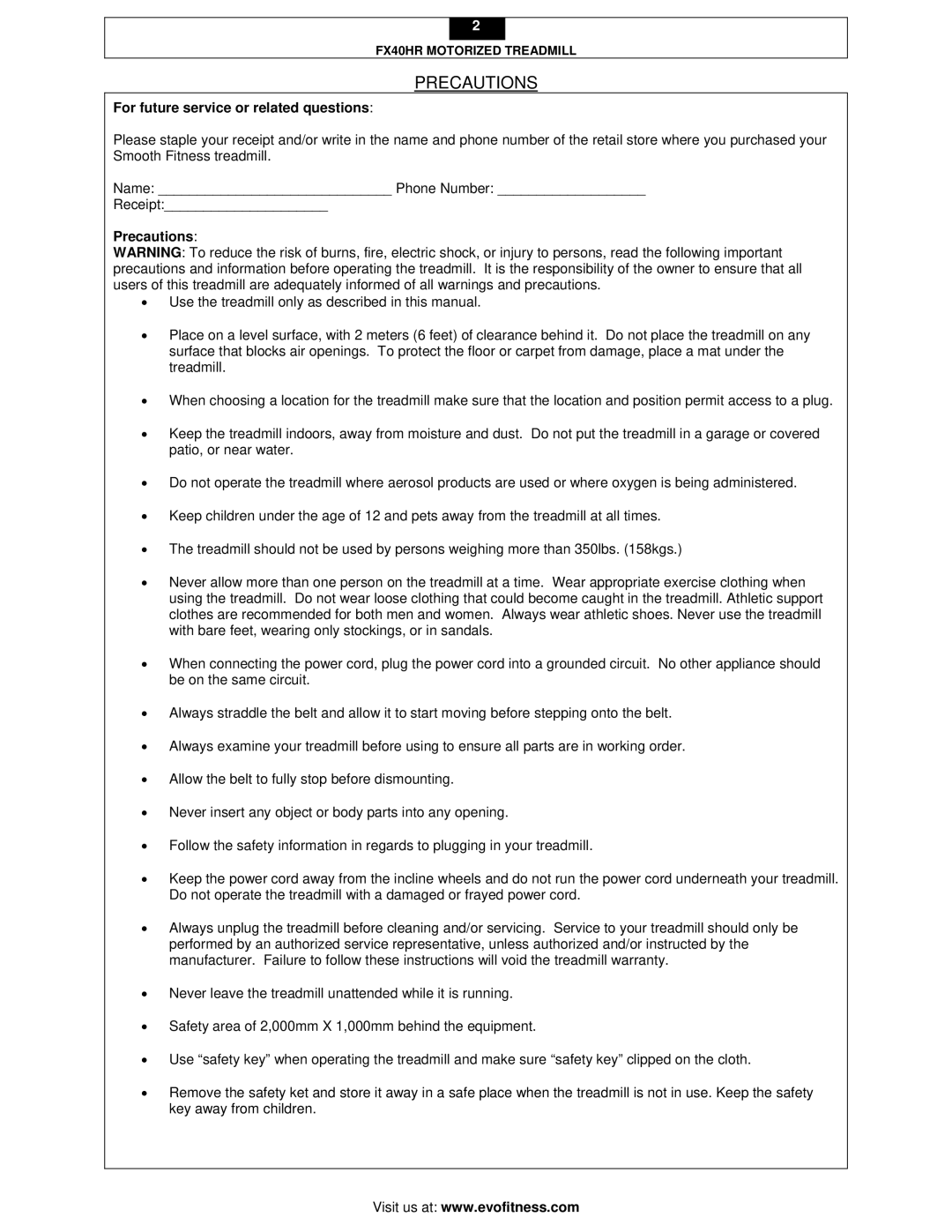 Evo Fitness FX40HR user manual Precautions, For future service or related questions 