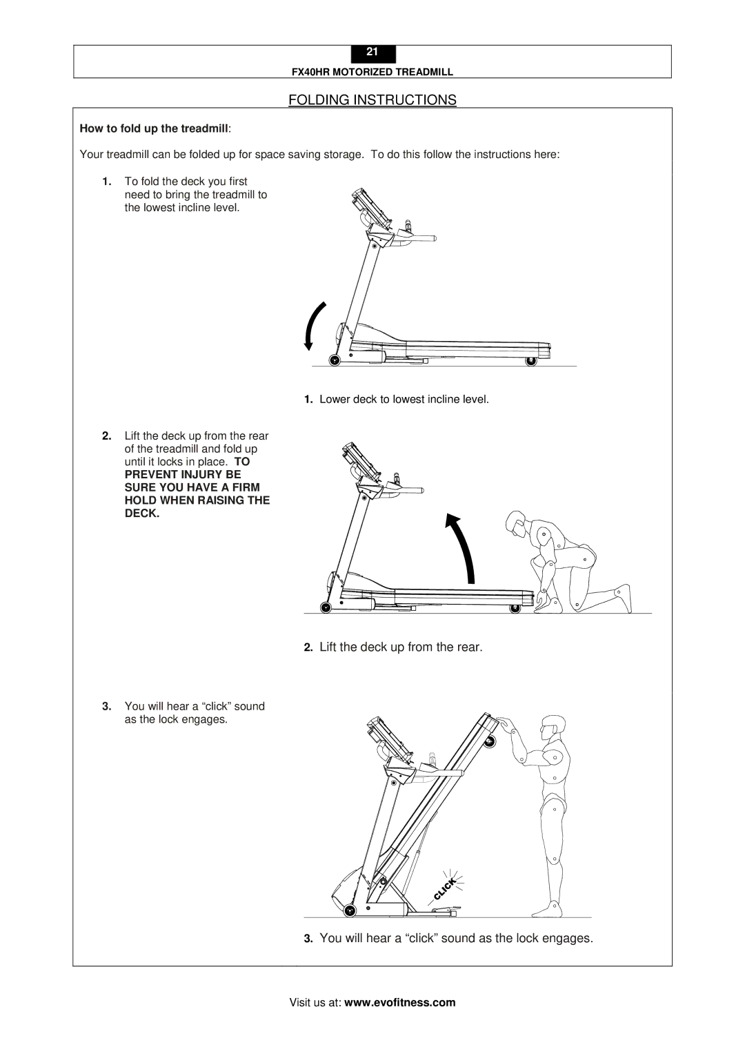 Evo Fitness FX40HR user manual Folding Instructions, How to fold up the treadmill 