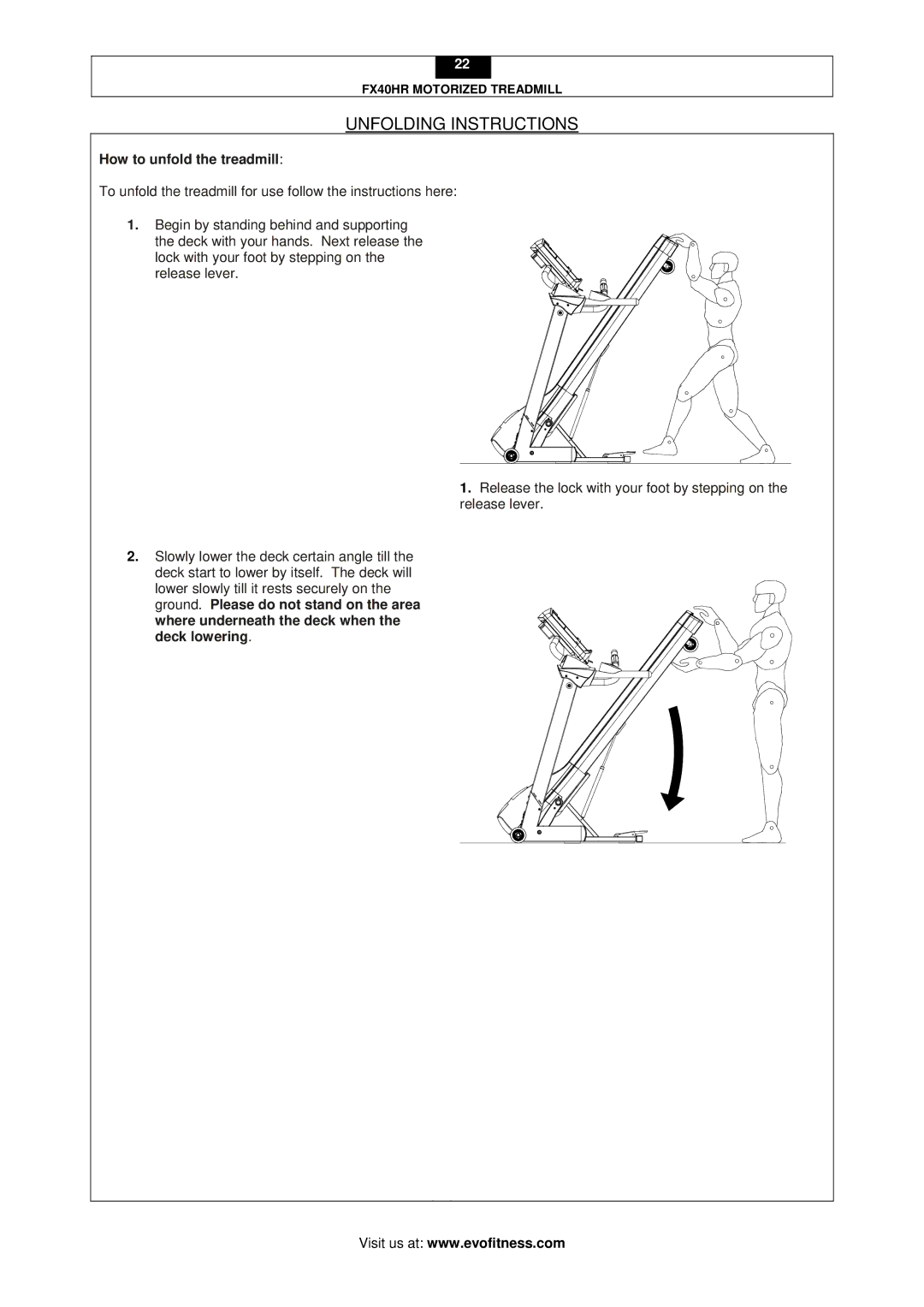 Evo Fitness FX40HR user manual Unfolding Instructions, How to unfold the treadmill 