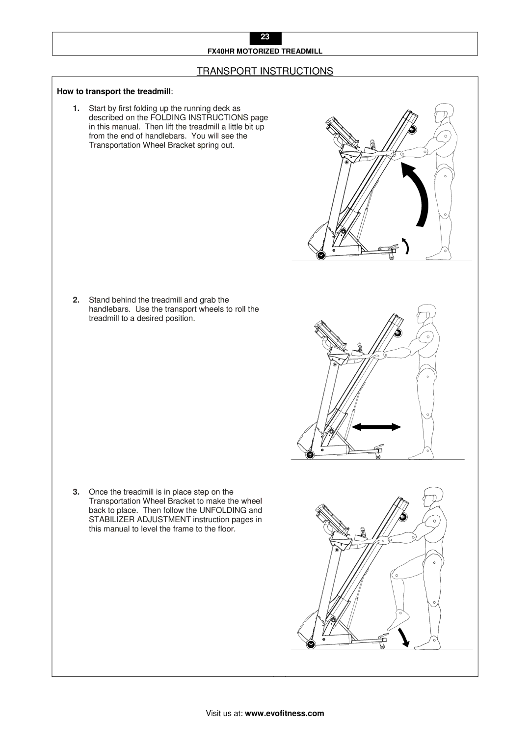 Evo Fitness FX40HR user manual Transport Instructions, How to transport the treadmill 