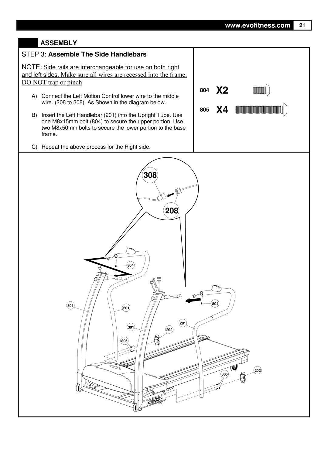 Evo Fitness FX40HR user manual 804 805, Assemble The Side Handlebars 