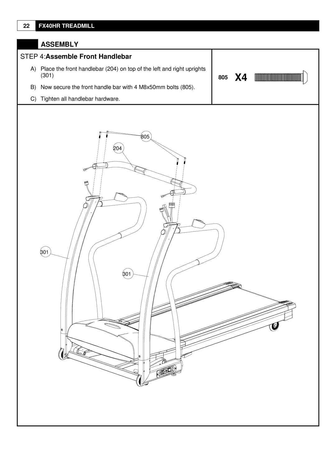 Evo Fitness FX40HR user manual Assemble Front Handlebar, 805 204 301 