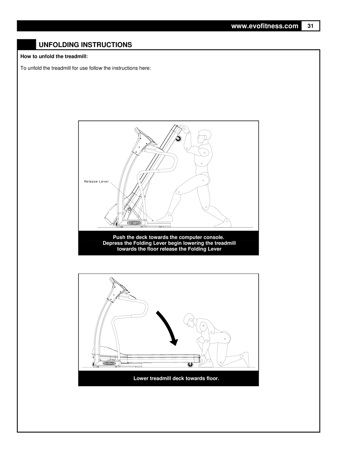 Evo Fitness FX40HR user manual Unfolding Instructions, How to unfold the treadmill 