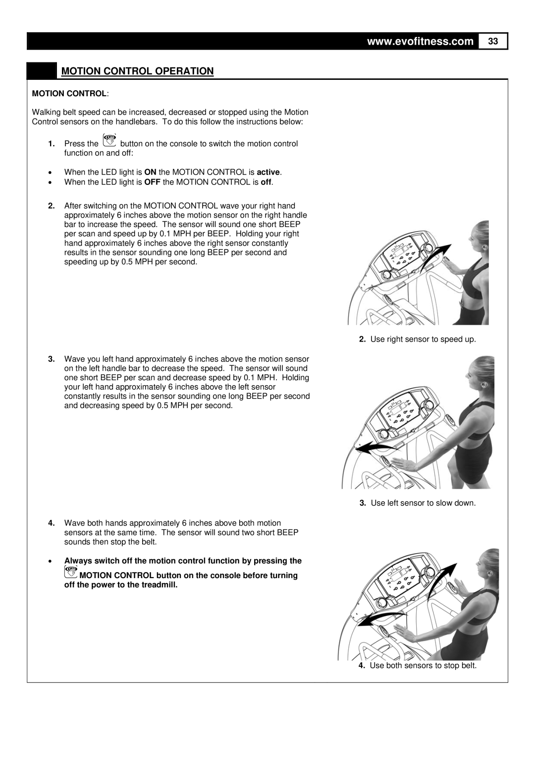 Evo Fitness FX40HR user manual Motion Control Operation 