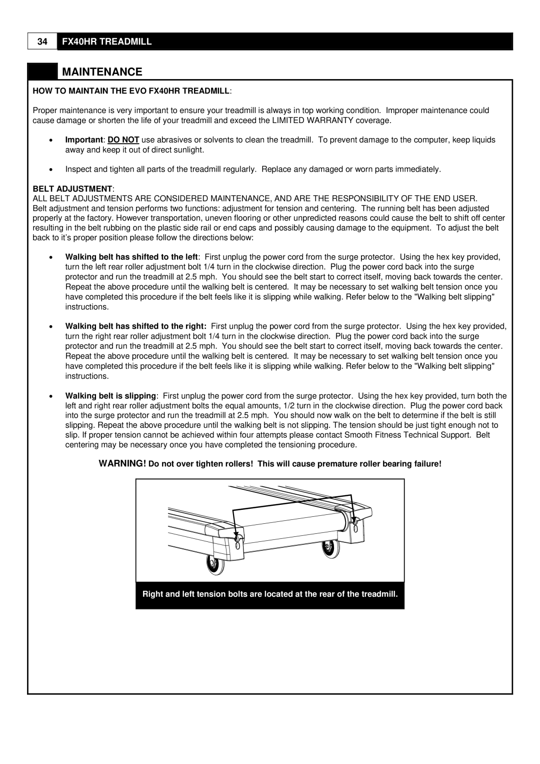 Evo Fitness user manual Maintenance, HOW to Maintain the EVO FX40HR Treadmill, Belt Adjustment 