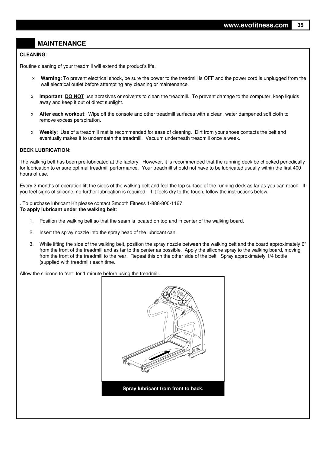 Evo Fitness FX40HR user manual Cleaning, Deck Lubrication 